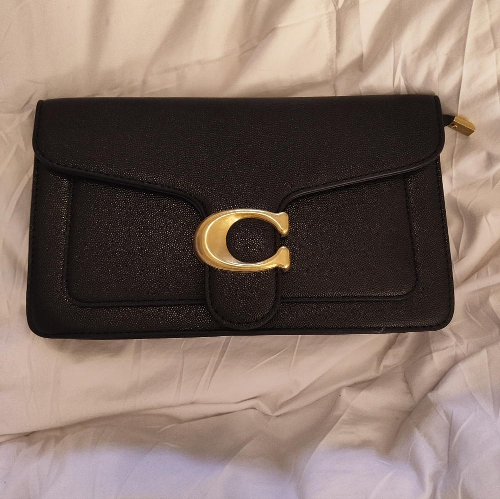 Vegan Leather Black Clutch Bag Zipper Gold C Detachable Straps No Name Brand